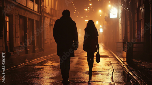 Man following woman in dark street, night, stalking, crime, mugger, scary worry violence, city danger silhouette life footsteps two people girl man, afraid. photo