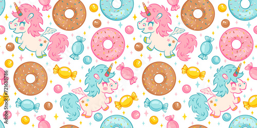 Vector seamless pattern of cute kawaii unicorns with candies and donuts. Pattern for children birthday party with unicorn, candy and donut.