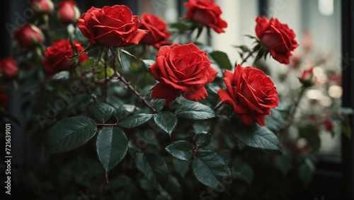 Close-up of red roses standing on the branch