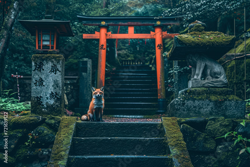 A Japanese shrine with a torii gate and a fox statue