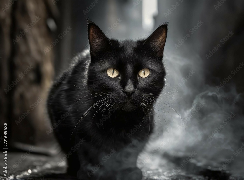 Black cat in dark alley with fume Black cat in dark alley with fume
