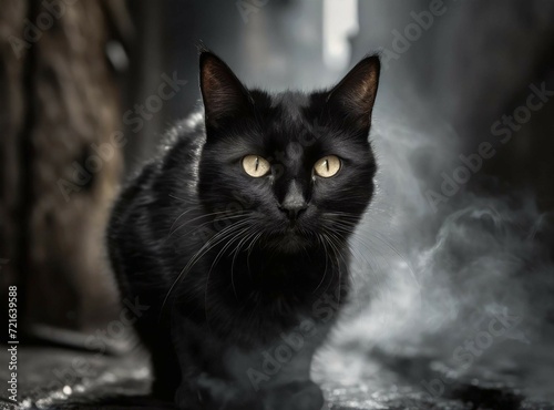 Black cat in dark alley with fume