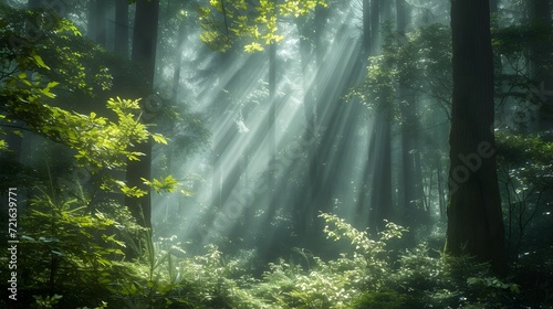  enchanting forest scene with tall trees, lush green foliage, and rays of sunlight streaming through the canopy