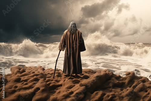 Photo moses breeds the sea, biblical figure, leader and legislator of the Jewish people, prophet and first sacred author, religious concept, Bible, Gospels, holy water