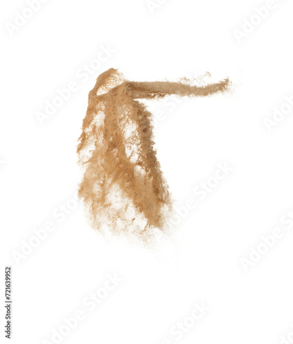 Abstract cloud fly. Yellow colored sand splash throwing curve circle in Air. Golden grain wave explode. Fine Sand flying explosion, White background Isolated throwing particle element object