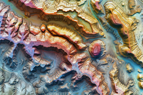 Digital elevation model. GIS product made after proccesing aerial pictures taken from a drone. It shows high rocky and steep mountain peaks. At their feet are visible valleys and mountain lakes