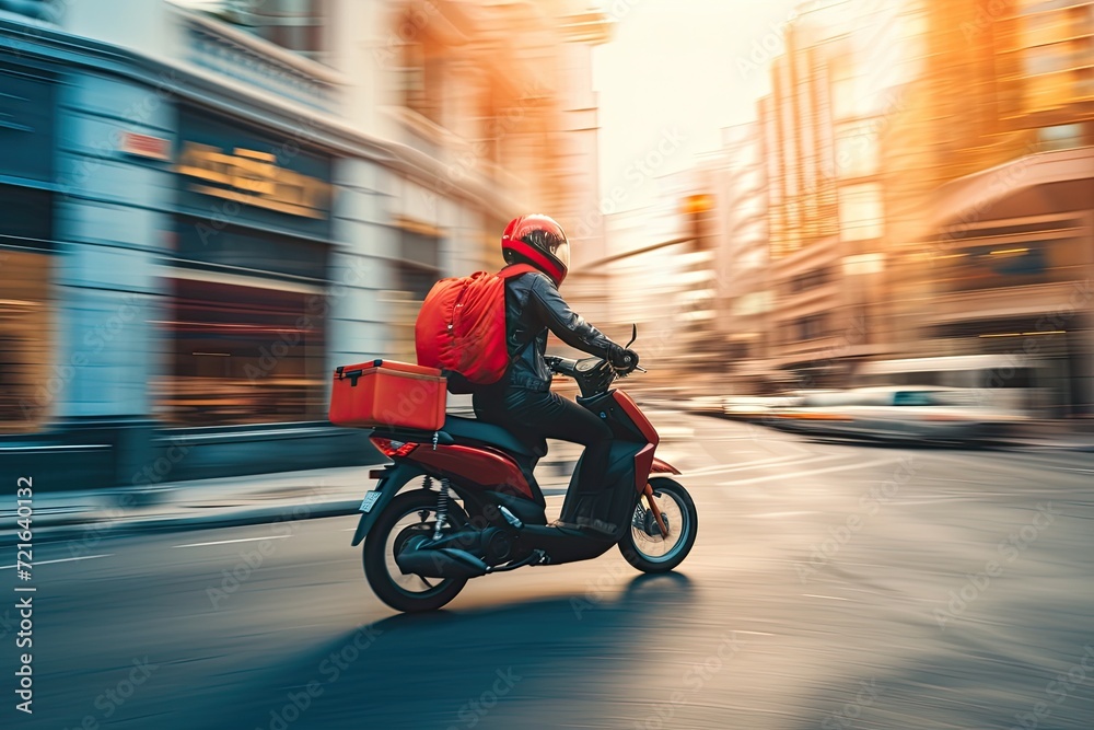 A dynamic scene of a food delivery moto scooter driver, with a bright red backpack, navigating through a bustling city street.