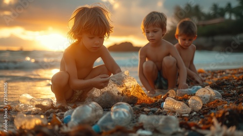 A candid image of children in a beach cleanup campaign, focused on putting a plastic bottle into a garbage bag. Realistic portrayal of the trash problem on the beach and the children's role in address