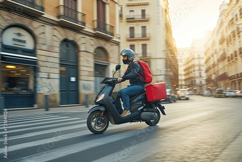 A dynamic scene of a food delivery moto scooter driver  with a bright red backpack  navigating through a bustling city street.