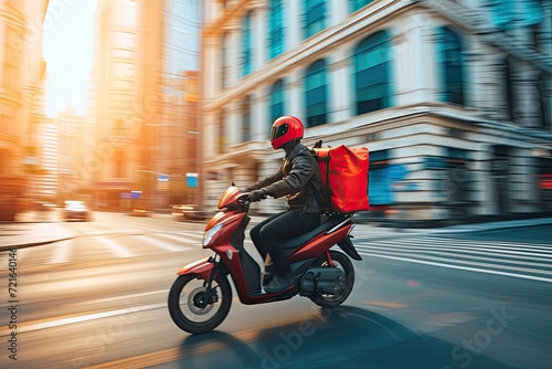 A dynamic scene of a food delivery moto scooter driver, with a bright red backpack, navigating through a bustling city street. photo