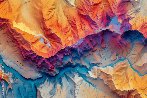 Digital elevation model. GIS product made after proccesing aerial pictures taken from a drone. It shows high rocky and steep mountain peaks. At their feet are visible valleys and mountain lakes