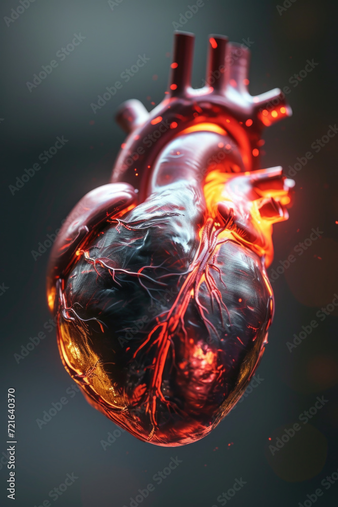 3D Heart Model with Golden Electric Pulse, Generative AI
