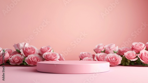 Empty pink podium platform with pink roses for product display presentation, promotion sale, presentation, cosmetic