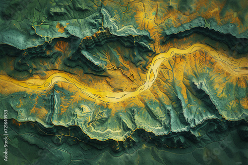 Digital elevation model of a riverway. A meandering and curving river with bends. GIS 3D product made from aerial data photo