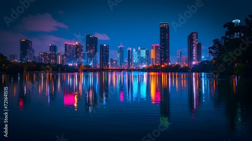 country skyline at night, vibrant city skyline at night, illuminated by colorful lights and reflected on the calm waters of a nearby river