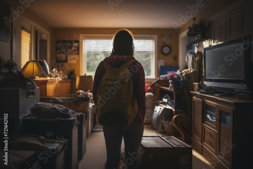 A young girl moves to college. She is alone in a room amidst packed suitcases and boxes