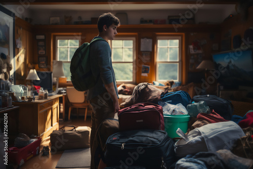 A young boy moves to college. He stands in the dormitory hallway amidst packed suitcases and boxes