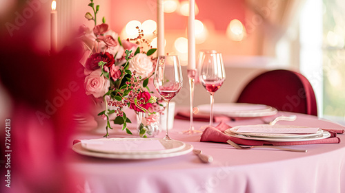 Valentines day tablescape and table decor, romantic table setting with flowers, formal dinner and date, beautiful cutlery and tableware