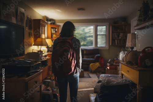 A young girl moves to college. She is alone in a room amidst packed suitcases and boxes