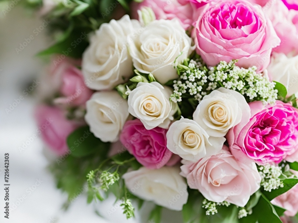Flower bouquet of pink and white roses close up. Wedding background with gentle roses