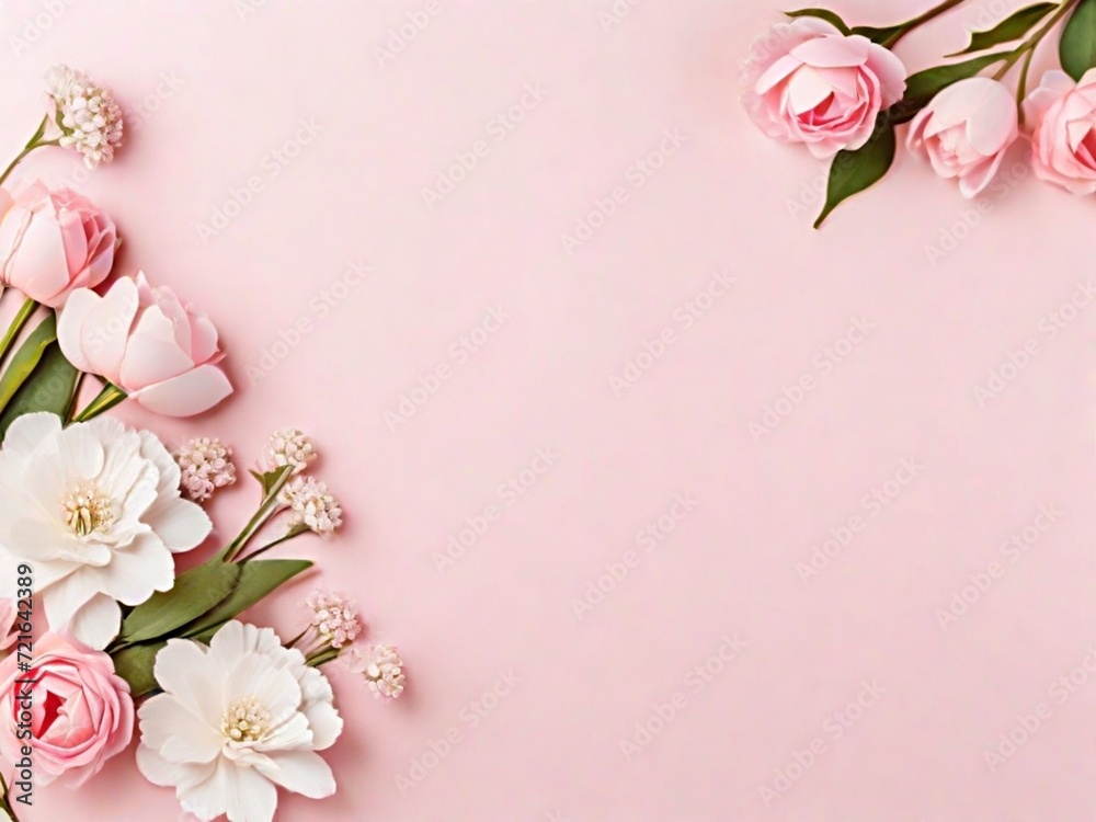 Banner with flowers on light pink background. Greeting card template for Wedding, Mother's day, Women's day. Springtime composition with copy space.