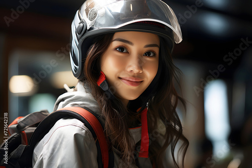 Portrait of a happy beautiful Asian schoolgirl girl wearing a motorcycle helmet © photosaint
