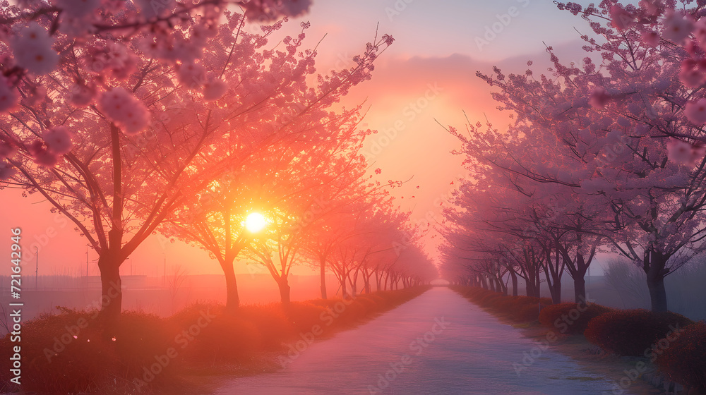 A tranquil path lined with blooming cherry blossom trees is bathed in the soft light of an early spring sunrise