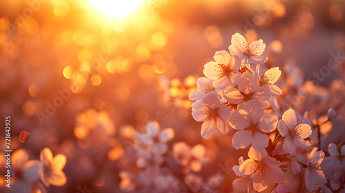 A close-up shot captures the delicate details of cherry blossoms backlit by the warm glow of a setting sun, creating an ethereal springtime scene