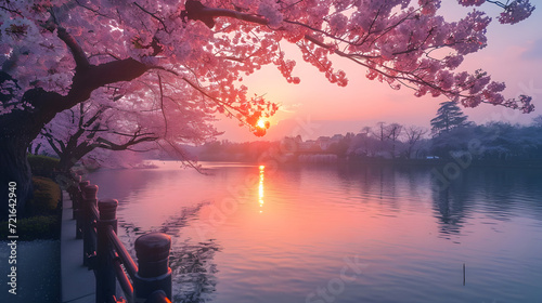 This tranquil scene captures the beauty of cherry blossoms in full bloom against the backdrop of a setting sun reflecting off a peaceful lake