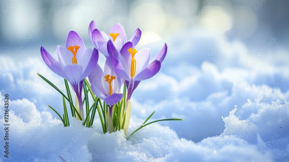 Purple crocuses growing through the snow in early spring, copy space.