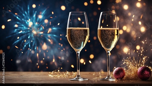 Champagne glasses with fireworks. Holiday celebration. Christmas. New Year party