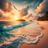 Tranquil Sunset Over Serene Tropical Beach With Gentle Waves and Soaring Seabirds