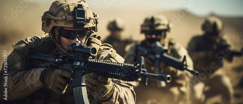 A group of soldiers with weapons on a mission. Close-up of one of the soldiers from the group