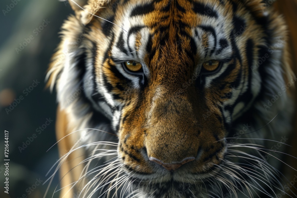 Fototapeta premium Intense gaze of a tiger, its eyes full of focus, the perfect capture of this majestic predator's essence in the wild.