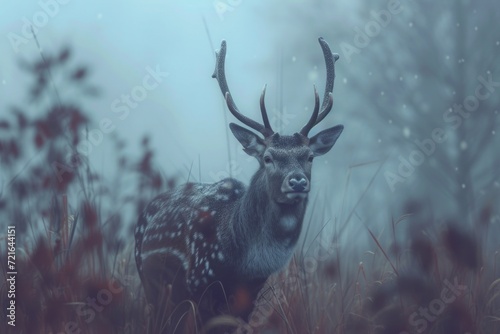 Stag in misty forest, antlers emerging from the fog, a mystical and serene wildlife scene.   © Newton