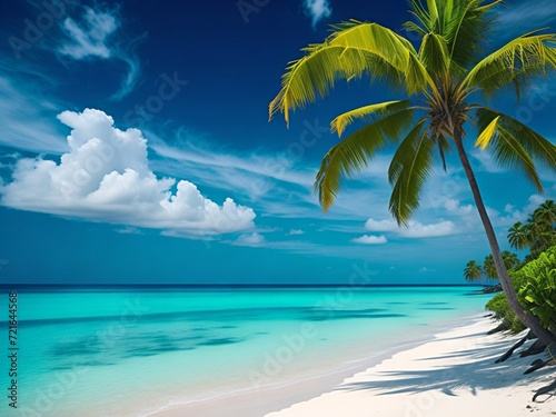 Tropical island with palm tree  white sand and turquoise sea ocean water. Tropical beach background 