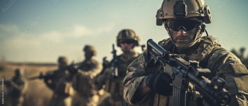 A group of soldiers with weapons on a mission. Close-up of one of the soldiers from the group A group of soldiers with weapons on a mission. Close-up of one of the soldiers from the group