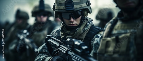 A group of soldiers with weapons on a mission. Close-up of one of the soldiers from the group