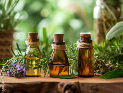 Essential oil vintage bottles on wooden table withe medicinal plants. photo