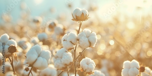 A cotton plant field, cotton balls, light blue sky, sunlit, light blurred background