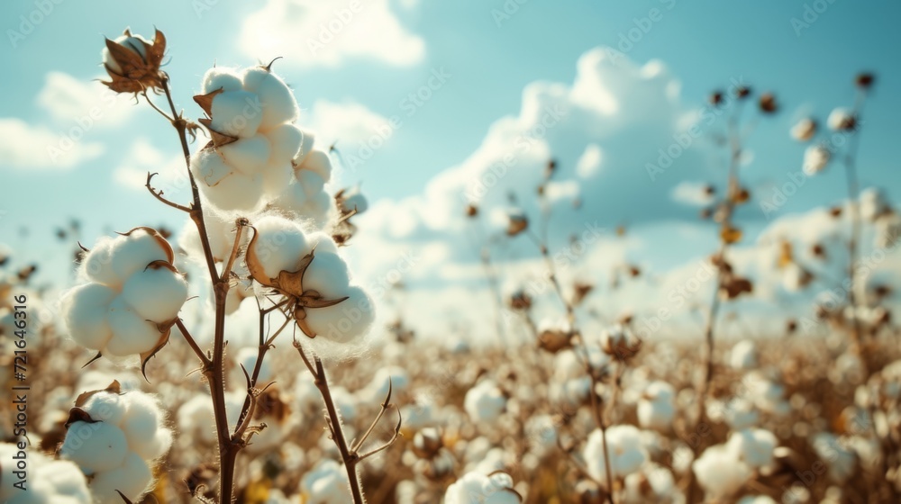 Sunlight streams over a field of cotton, highlighting the fluffy texture of the bolls against a bright blue sky