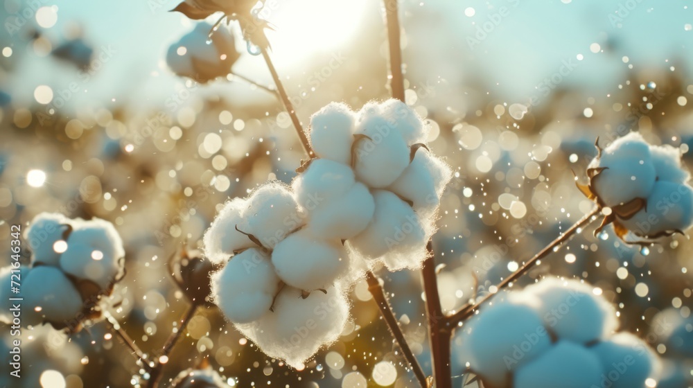 Cotton plant field during a gentle rain, raindrops on cotton balls, white soft flowers, blue sky, sunlit, blurred background