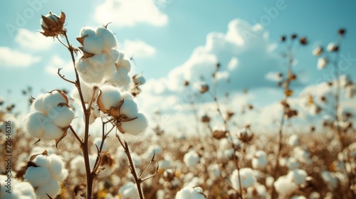 Sunlight streams over a field of cotton, highlighting the fluffy texture of the bolls against a bright blue sky © mikeosphoto