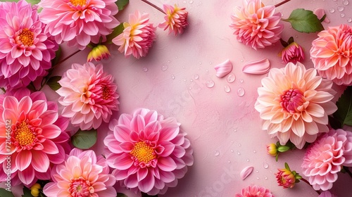 Colorful autumn dahlia flowers on pastel table with copy space for your text top view and flat style. Banner format.
