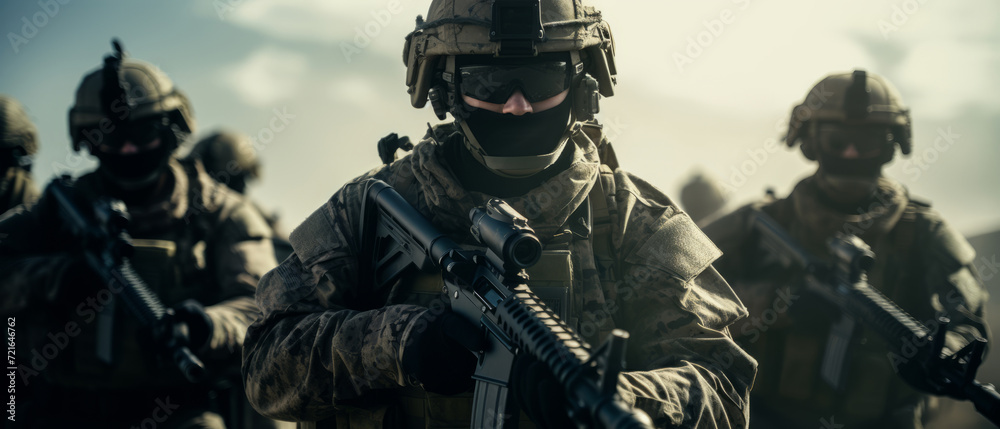 A group of soldiers with weapons on a mission. Close-up of one of the soldiers from the group A group of soldiers with weapons on a mission. Close-up of one of the soldiers from the group