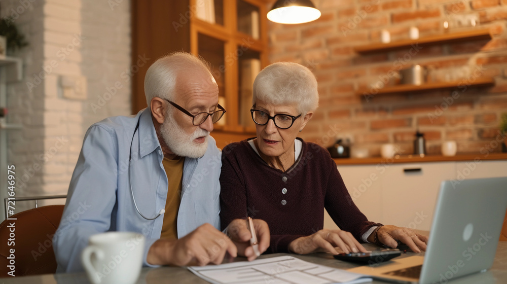 elderly couple looking at a medical bill with a calculator and glasses on the table, capturing their concern and the impact of healthcare costs on retirement elderly couple looking at a medical bill with a calculator and glasses on the table, capturing their concern and the impact of healthcare costs on retirement