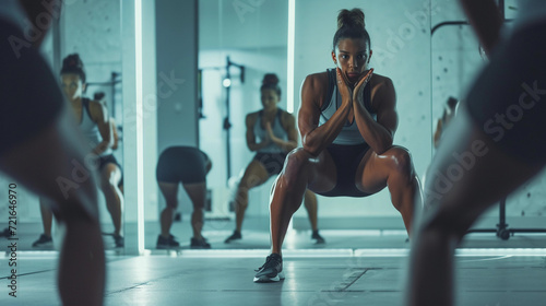 athletic trainer demonstrating a perfect squat form in a sleek  minimalist training studio  reflections on the mirror showing a small group of focused trainees  emphasizing the clarity and precision o
