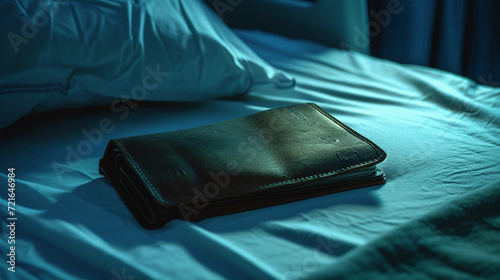 empty wallet on a hospital bed, symbolizing the financial toll of medical treatment, dim hospital room lighting, realistic textures and details of the wallet and bed
