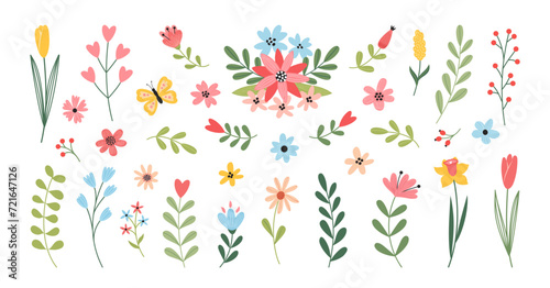 Set of flowers and floral elements. Wedding concept with flowers. Floral poster, invite. Vector cartoon illustration for greeting card or invitation design.