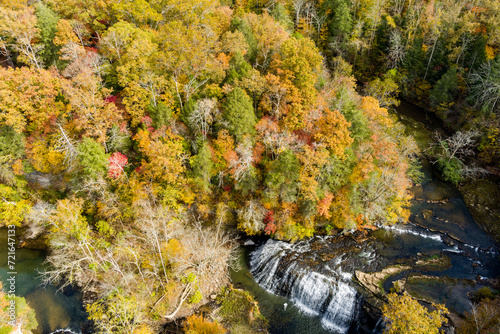 Aerial of Middle Falls at Burgess Falls State Park, Sparta, TN during Fall Foliage.